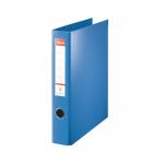 The photo captures a vibrant blue Esselte 4D-Ring A4 binder with a 40mm spine. The label shows the brand name Esselte in bold letters. The four rings are visible, making it easy to add and remove papers. Its sleek design is perfect for any professional setting.