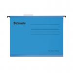 This image shows a pack of 25 blue suspension files by Esselte, designed for Pendaflex suspension filing. The files are foolscap size and have a classic design. They are organized neatly and ready to be filled with important documents.
