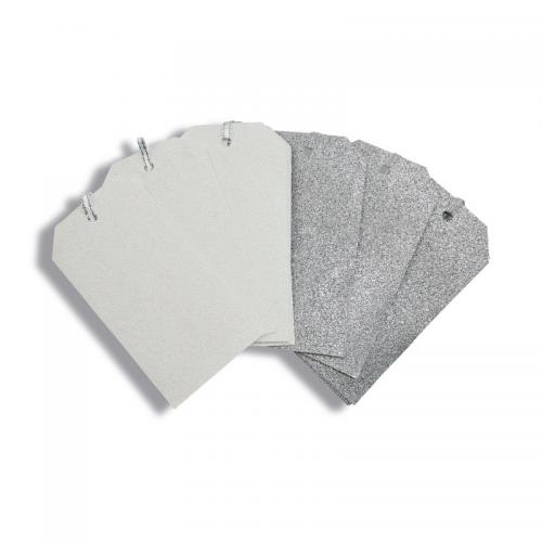 The image shows 12 iridescent glitter tags in silver, made by Eurowrap Gifts. The tags have a sleek design and come in a pack of 10. Each tag is individually wrapped for protection.
