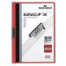 The photograph shows a pack of 25 Durable Clip Files, specifically the DURACLIP 30 A4 Document Clip Folder in a vibrant red color. Each file has a sturdy clip on the top spine to securely hold documents in place. The cover features the Durable logo and product name printed in bold white letters. The files appear professional and durable, perfect for organizing and storing important papers.