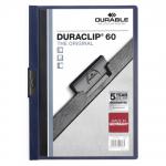 The photo shows a pack of 25 dark blue Durable DURACLIP 60 A4 document clip folders. Each clip file is made of durable material and has a clip fastener on the corner to securely hold documents in place. The folders have a professional appearance and are perfect for organizing and storing important papers. The photo also highlights the brand name Durable and the products model number 220928 10796DR.