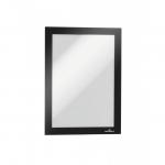 This picture displays a Durable Duraframe Holder, featuring a self-adhesive backing and a magnetic frame. The frame is A5 in size and is colored black. The sign and document holder offers durable and long-lasting protection for important papers.