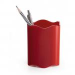 The picture shows a durable red TREND pen pot and pencil holder designed for desk organization. This desk set also includes tidies for additional storage. The holder has a sleek design and is made to withstand everyday use. The color red adds a pop of color to any desk space. The overall look is stylish and functional, perfect for keeping a tidy and organized workspace.