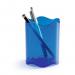 This photo features a sleek Durable TREND pen pot and pencil holder in a vibrant shade of blue. The durable desk set is designed to help keep your desk organized and clutter-free.