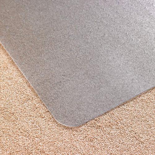 In the photo, a clear Floortex Cleartex Advantagemat chair mat from Floortex Europe Ltd is shown protecting a low pile carpet. Made from phthalate-free vinyl, the 120x90cm mat is specifically designed for carpets up to 6mm in thickness. The clear design allows the carpets pattern to show through, while providing superior floor protection in any office setting.