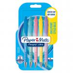 The image shows a pack of five beautiful pastel-colored ballpoint pens from Newell Brands Paper Mate FlexGrip Ultra line. Each pen has a medium 1.0mm tip and is filled with rich, black ink. The pens have a sleek and modern design, perfect for any writing task. The colors are soft and vibrant, making them a stylish addition to any workspace. The set is neatly packaged and ready to use, making it a convenient and practical choice for everyday writing needs.