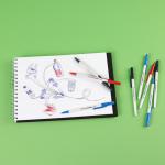This image shows a pack of 50 Newell Brands Paper Mate Kilometrico Ballpoint Pens. Each pen has a medium point size of 1.0mm and writes in vibrant blue ink. The pens are made from 80% recycled plastic, making them an environmentally friendly choice. The pens have a sleek design and come neatly packaged, ready for use.