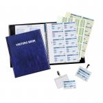 Durable GDPR Compliant Visitor Book 100 Blue Leather Look Front Cover With 100 Perforated 90x60mm Visitor Badge Inserts - 146365 11279DR