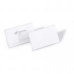 The photo shows a pack of 100 durable name badges with pins. Each badge measures 40x75mm and comes with blank insert cards. The badges are transparent in color.