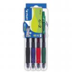 The Pilot Rollerball Pens Pilot Set2Go G-207 are a set of four retractable gel rollerball pens. Each pen has a 0.7mm tip and produces a 0.39mm line. The four colors included are black, blue, green, and red. The pens are compact and easy to carry on the go. The design is sleek and modern, with a comfortable grip for writing. These pens offer smooth and precise writing, making them perfect for any writing task.