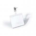This image shows 25 Durable Security Name Badges with metal clips and blank insert cards included. Each badge measures 60x90mm and is transparent.