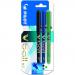 The photograph captures a set of three Pilot VBall Liquid Ink Rollerball Pens in black, blue, and green. Each pen has a 0.7mm tip and creates a 0.4mm line. The sleek design of the Pilot Rollerball Pens is evident, with their smooth barrel and cap, as well as the comfortable grip for writing. The pens are neatly placed side by side and ready to be used for all your writing needs.