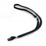 The picture shows a pack of 10 durable name badge accessories. Each one consists of a textile lanyard in black, measuring 10 x 440mm, with a plastic clip and safety release. The lanyard is designed to securely hold a name badge or ID card.