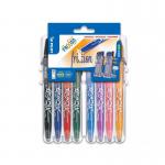 In this photo, the Pilot Rollerball Pens Pilot Set2Go FriXion Erasable Gel Rollerball Pen can be seen in a pack of 8, featuring a 0.7mm tip and a 0.35mm line. The pens come in a variety of vibrant colors including black, blue, red, green, sky blue, purple, pink, and apricot. Each pen has a sleek and professional design, with a comfortable and ergonomic grip. The erasable gel formula allows for easy correction without any residue or smudging. Overall, this set is perfect for any writing or note-taking needs.