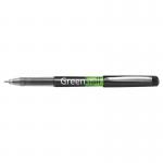 The photo features a pack of 10 Pilot Begreen Greenball Liquid Ink Rollerball Pens, each with a 0.7mm tip and 0.35mm black line. These pens are made from recycled materials and have a sleek design with a pilot logo on the top. The pens appear to have smooth, precise writing capabilities and are ideal for environmentally conscious individuals.