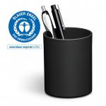 The picture shows a sturdy and practical Durable ECO Desk Pen Pot & Pencil Holder, made from 80% recycled plastic in a sleek black color. The design features several compartments for pens, pencils, and other small desk items, making it perfect for keeping your desk tidy and organized.