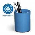 The image shows a set of durable desk organizers in a vibrant blue color. The set includes a pen pot and pencil holder made from 80% recycled plastic, showcasing its eco-friendly design. The items are neatly arranged on a desk, providing a tidy and organized work space.