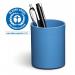 The image shows a set of durable desk organizers in a vibrant blue color. The set includes a pen pot and pencil holder made from 80% recycled plastic, showcasing its eco-friendly design. The items are neatly arranged on a desk, providing a tidy and organized work space.