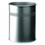 Durable Metal Round Waste Bin 15 Litre Capacity with 30mm Perforated Ring Silver - 330023 11825DR
