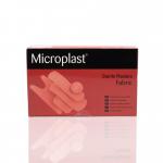 The photograph shows a pack of 100 assorted sizes of Crest Medical Blue Plasters Blue Dot Plasters made of fabric. Each plaster has a blue cross on it and is neatly packed, ready for use in first aid kits or on the go.