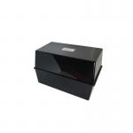 In the photo, the ValueX Deflecto Card Index Box is displayed in a sleek black color. The box is sized at 5x3 inches (127x76mm) and features the ValueX logo on the front. The lid of the box has a slot for easy access to index cards, while the base has a label holder for organization. The box appears sturdy and durable, perfect for storing and organizing cards.