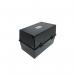 The photo shows a compact and durable ValueX Deflecto Card Index Box in sleek black color, measuring 5x3 inches (127x76mm). The lid of the box clearly displays the brand name ValueX and product description Card Indexing. The box is labeled with the model number CP010YT and features a barcode. The front of the box highlights the brand logo and product name in bold white lettering. It also showcases a small window, allowing a peek of the cards inside. Perfectly organized index cards can be seen neatly stacked inside the box. The overall design suggests practicality and efficiency.