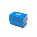 This picture features a small, compact blue box with the words ValueX and Deflecto printed on the front. The box has a hinged lid and is labeled as a Card Index Box in black lettering. The dimensions are listed as 5x3 inches (127x76mm). The background of the picture shows white index cards, hinting at the purpose of the box.