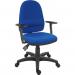 This photo features a sleek and ergonomic blue office chair from Teknik General. It showcases a high back for support, height adjustable arms, and a comfortable fabric seat. Perfect for any modern office setting.