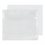 The photo shows a stack of plain clear envelopes, each with a peel and seal closure. They are labeled Blake Packaging Envelopes and are sized at 123x111mm. The envelopes have a document enclosed wallet attached and are made of 30mu material. This pack contains 1000 envelopes.