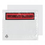 This photograph shows a stack of clear C7 envelopes with peel and seal closures. The front of each envelope is printed with Document Enclosed in bold letters. The wallets are made of durable 30mu material and measure 123x111mm. This pack includes 1000 envelopes.