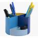 In the photo, there is a desk set and tidy by ExaClair Limited. The set includes a pen pot in blue, with the brand name Exacompta written on it. The pen pot measures 12 x 12 x 8.3cm and comes in assorted colours. It is a Quarter Pen Pot Set and the item number is 68202D 14062EX.