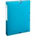 The image shows a stack of ExaClair Limited Box Files in the vibrant color of Exacompta Bee Blue. Each file fits A4 size paper and comes in a pack of 8 assorted colors. The files have a sturdy design and feature a label holder for easy organization. The front cover also has a unique pattern for added style. Overall, the image showcases a practical and visually appealing storage solution for documents.