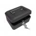 The image shows a compact black metal cash box with a key lock. Its dimensions are 150mm (6 inches).