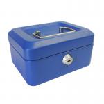 The image shows a blue metal cash box with a key lock. It is 150mm (6 inches) in size and has the brand name ValueX on it. The corners are rounded and the surface has a shiny finish. The top of the cash box features a handle for easy transport and there is a coin slot on the top as well. The keyhole for the lock is located on the front of the box. The box appears sturdy and secure, with the ValueX logo engraved on the lock itself. The blue color adds a pop of color to the overall design.