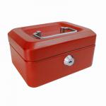 This picture features a bright red ValueX Metal Cash Box measuring 150mm (6 inches) and equipped with a secure key lock. The sturdy metal construction adds durability and reliability to this compact cash box. Perfect for organizing and storing cash or other valuable items.