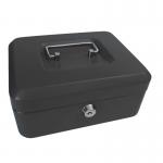 The picture shows a sleek and sturdy metal cash box with a width of 200mm (8 inches). It features a key lock for added security and comes in a sleek black color. The box is labeled with the brand name ValueX Cash Boxes and has a clear, crisp design.