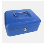 This picture shows a blue metal cash box with a key lock. The box is 200mm (8 inches) in size and is branded as ValueX Cash Boxes.