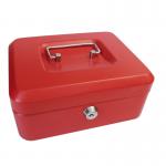 The picture shows a bright red ValueX Metal Cash Box, measuring 200mm (8 inches) in size. It features a secure key lock, allowing for safe storage of cash and valuables. The sleek design and durable metal construction make this cash box a practical choice for storing money and important items.