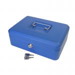 This image features a compact, 10 inch metal cash box with a sleek blue design. The box is equipped with a key lock for added security.