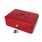 This picture shows a bright red metal cash box with a 10 inch size. It features a secure key lock for added protection. The sturdy construction and sleek design make it a reliable choice for storing cash and valuables. Perfect for use at home, in the office, or while traveling.