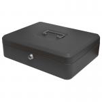 The ValueX Cash Boxes ValueX Metal Cash Box measures 300mm (12 inches) and is locked with a key. It has a sleek black design and is made of durable metal. The cash box has a sturdy handle for easy carrying, and is large enough to hold various types of currency and documents. Its compact size makes it convenient for storing and transporting.