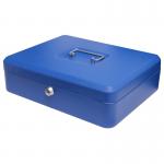 In the photo, a blue ValueX Metal Cash Box measures 300mm (12 inches) and features a secure key lock. Its compact size makes it perfect for storing cash and valuables. The sturdy metal construction ensures durability while the blue color adds a touch of vibrancy. The cash box is designed with practicality in mind, making it a convenient choice for organizing cash and other important items.