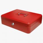 This image shows a vibrant red ValueX cash box made of metal. The box is 300mm (12 inches) in size and features a key lock for secure storage of valuables.