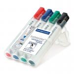 A pack of Staedtler Lumocolor Whiteboard pens, with a chisel tip and assorted colors, sitting on a whiteboard. Each pen has a 2-5mm line, making them perfect for drawing, writing, or highlighting. Neat, organized, and ready to use.