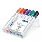 A picture of Staedtler Whiteboard Pens shows a pack of 6 Lumocolor markers with a chisel tip, in assorted colors. The lines range from 2-5mm.