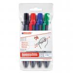 The photo is of a pack of four Edding Whiteboard Pens. They have a retractable bullet tip and come in black, blue, red, and green. The pens are labeled with the edding logo and have a 1.5-3mm tip size. The packaging features the product name and various product details.
