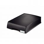 This image showcases a sleek and functional ACCO Brands Letter Tray. The Leitz Plus Letter Tray features a convenient drawer and is designed for A4 and Foolscap size documents. The bold black color adds a touch of sophistication to any office space.