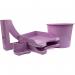 The image shows a collection of Deflecto Europe desk sets and tidies. The main piece is a lavender-colored Deflecto desk accessory starter kit, which is surrounded by various other desk organizers and holders in matching shades. The organizational items are sleek and modern, with clean lines and smooth surfaces. The overall look is modern and chic, making it a practical and stylish addition to any workspace.