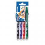 The Pilot Set2Go FriXion Erasable Gel Rollerball Pens feature a 0.7mm tip and a 0.35mm line. The pack includes four pens in black, blue, green, and red. These pens are perfect for everyday writing and note-taking, with a sleek and professional design. The erasable feature allows for easy corrections without smudging or residue.