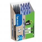 The picture shows a pack of ten Pilot Ecoball retractable ballpoint pens, each with a medium 1.0mm tip. The pens are a vibrant blue and green color and come with an additional pack of ten refills. The packaging is sleek and modern, with the Pilot logo prominently displayed. The pens have a comfortable grip and the retractable function makes them convenient to use.